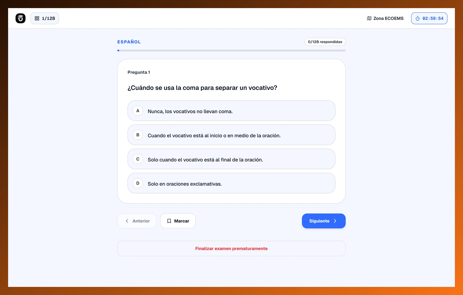 Pregunta de Español del simulacro ECOEMS, con sus opciones, cronómetro y avance.