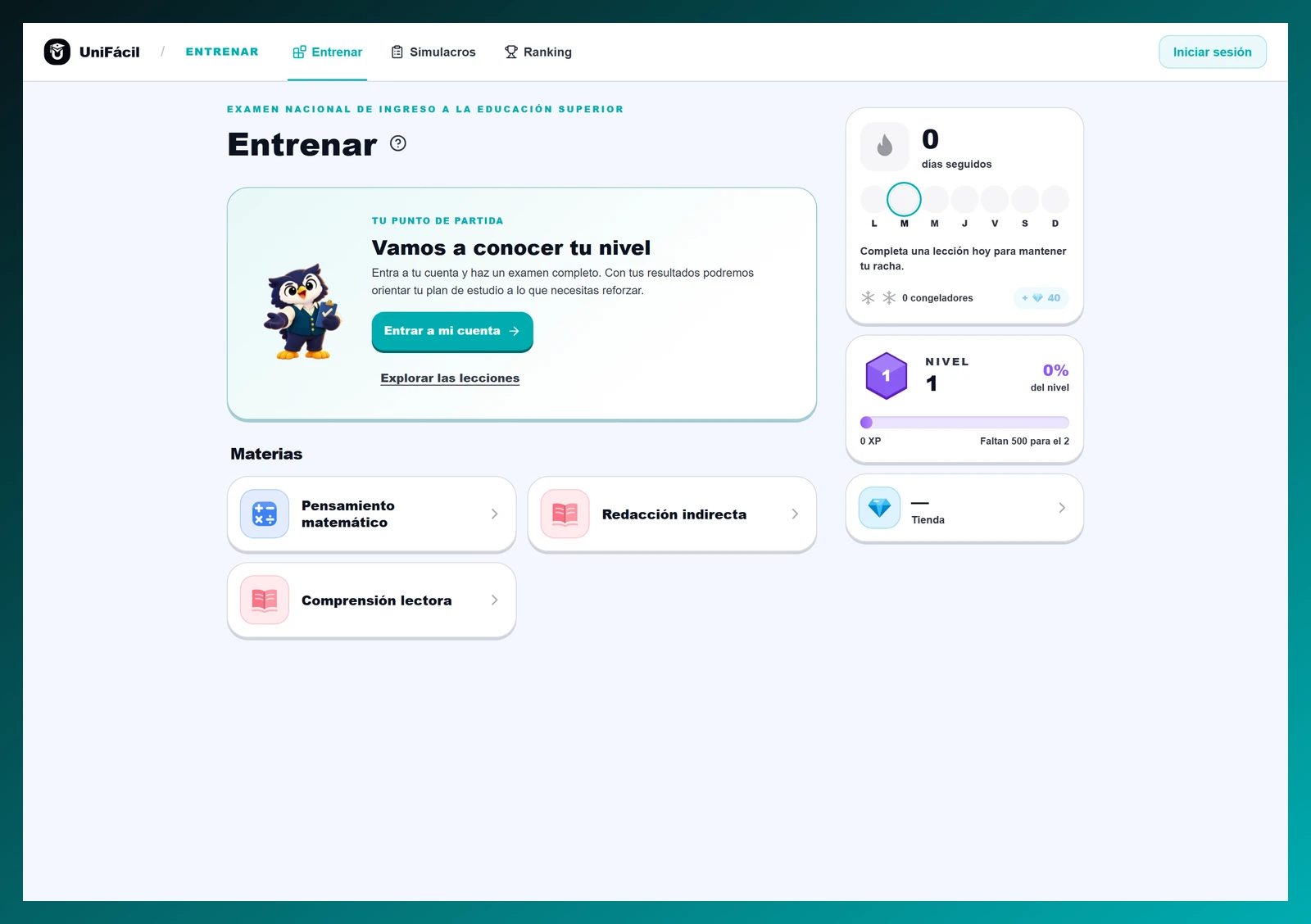 Portada de Entrenar EXANI-II con Pensamiento matemático, Redacción indirecta y Comprensión lectora, sin avance registrado.