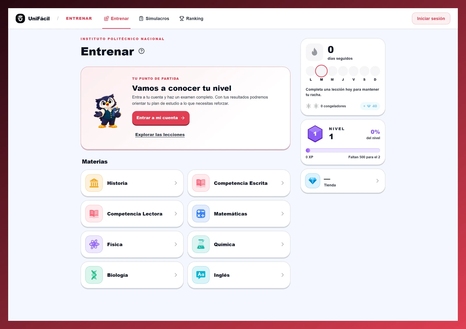 Portada de Entrenar IPN con las materias de Ingeniería y Ciencias Físico-Matemáticas y la invitación a medir el nivel antes de orientar el estudio.