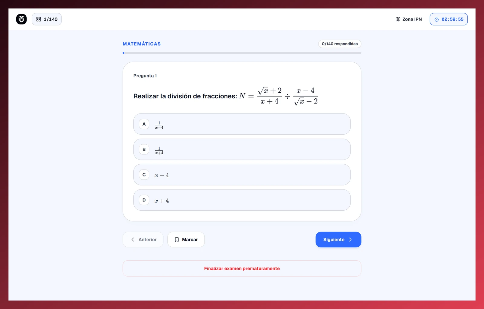 Pregunta de Matemáticas del simulacro IPN de Ingeniería y Ciencias Físico-Matemáticas, con sus opciones, cronómetro y avance.